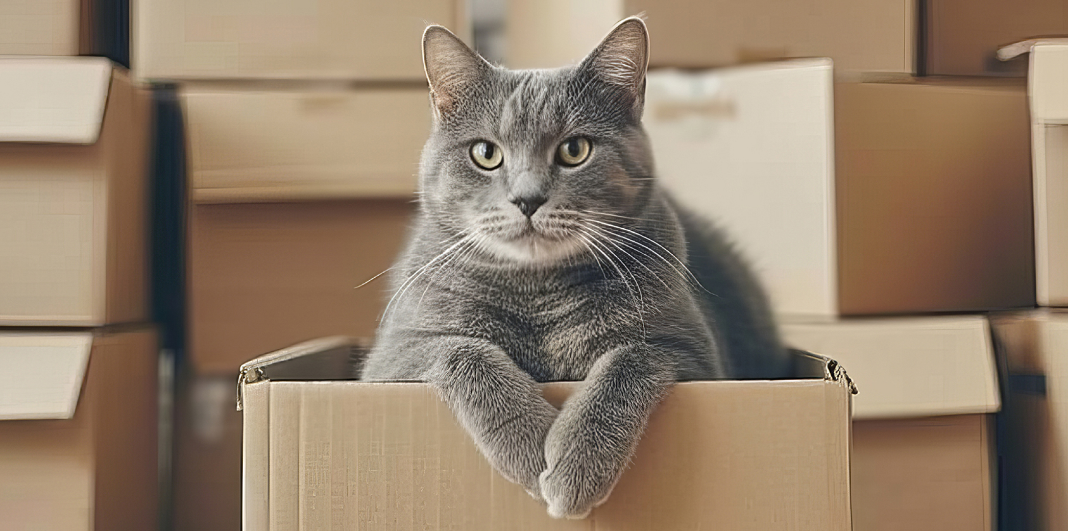 Cat sitting in moving boxes