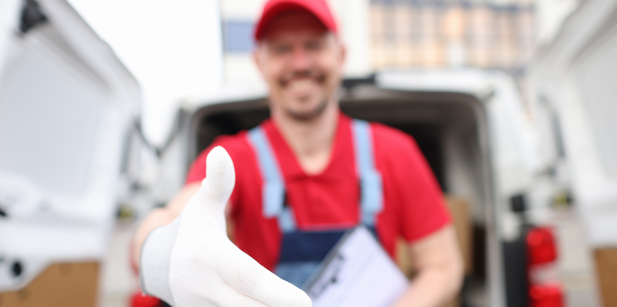 Male mover holding out his white-gloved hand for a handshake