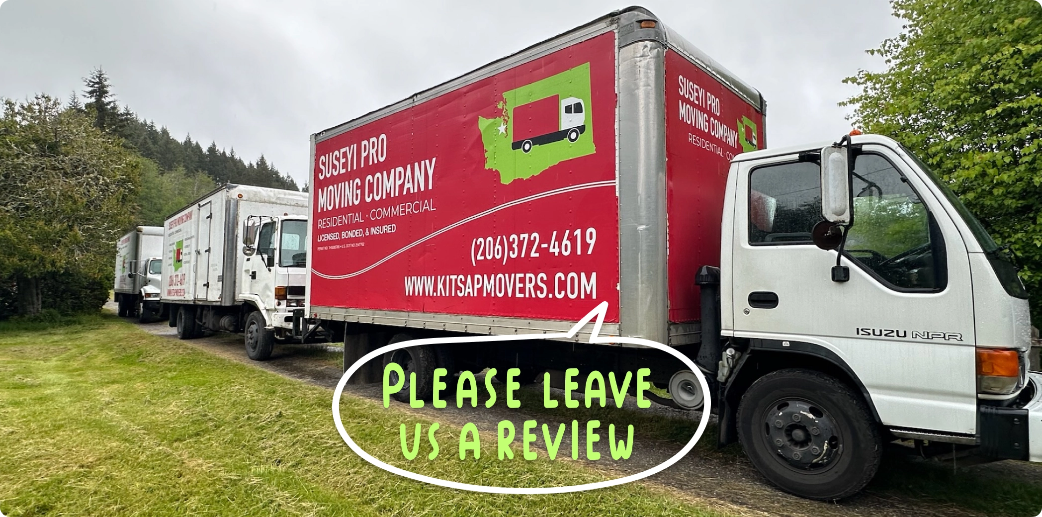 Photo of red and white Suseyi Pro Moving trucks with a speech bubble reading "Please leave us a review".